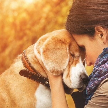 Mujer abraza y apoya su frente sobre la cabeza de su perro