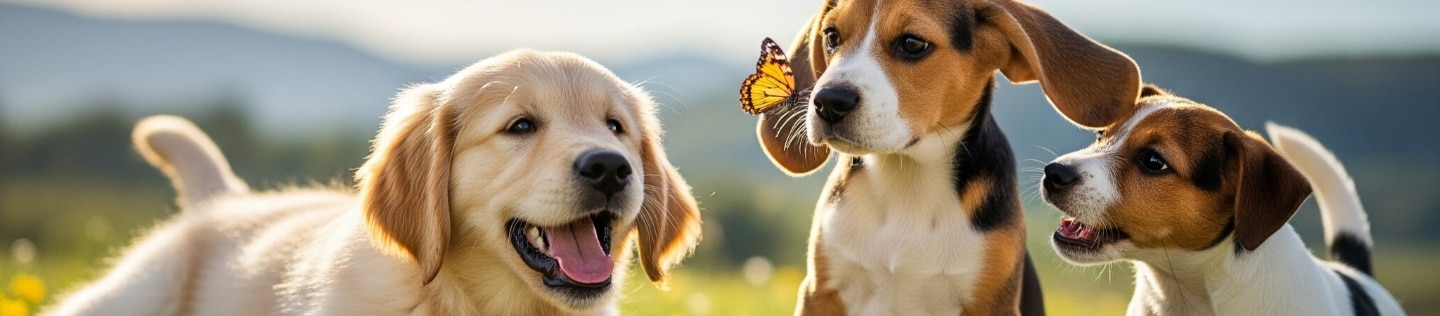 Tres cachorros de diferentes razas jugando en un campo de flores con una mariposa posada en la nariz de uno de ellos.