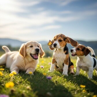 Tres cachorros de diferentes razas jugando en un campo de flores con una mariposa posada en la nariz de uno de ellos.