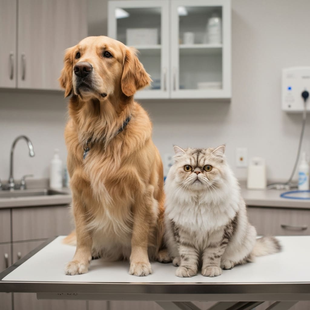 Un perro y un gato en consulta veterinaria por enfermedad inflamatoria intestinal