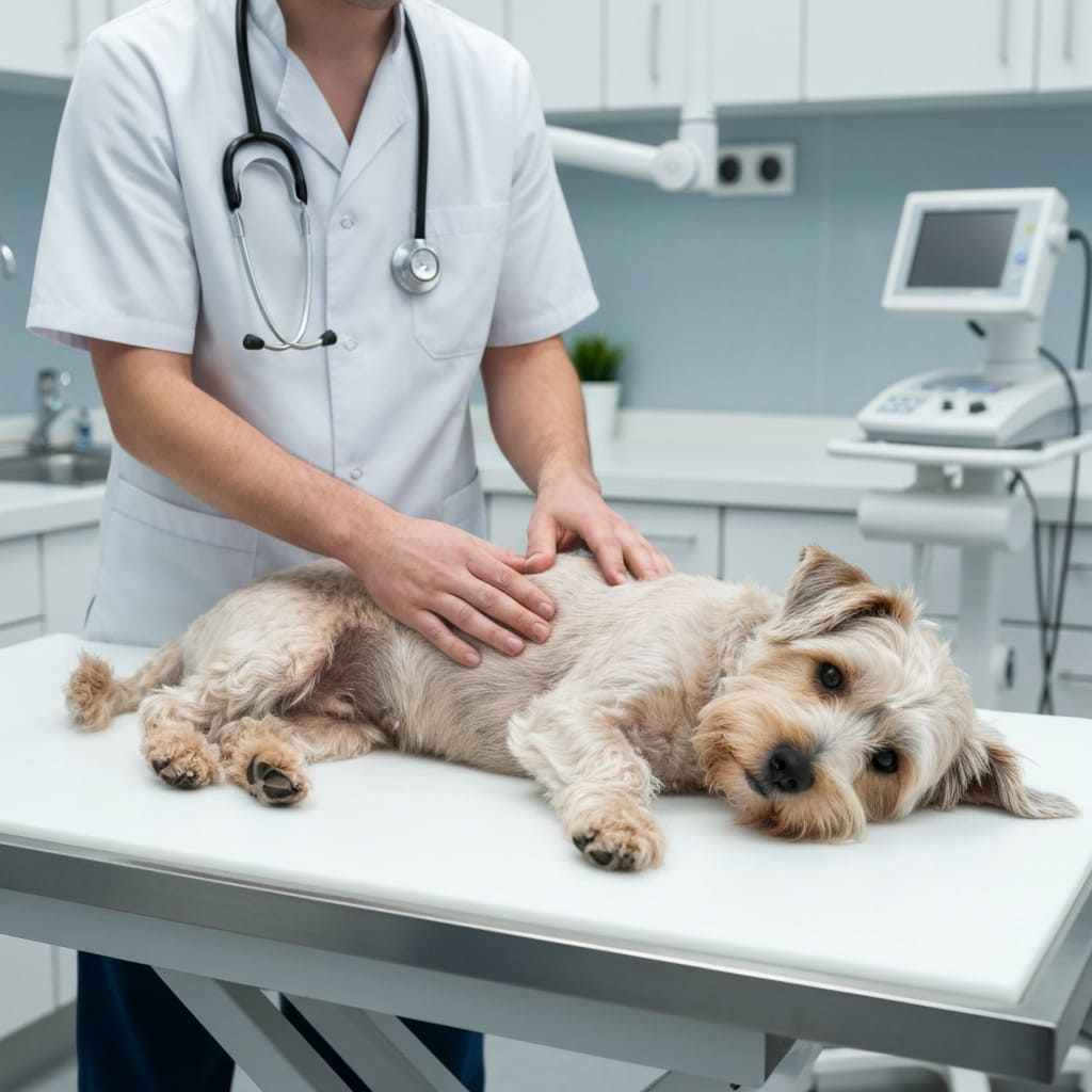 Perro acostado en camilla con un veterinario