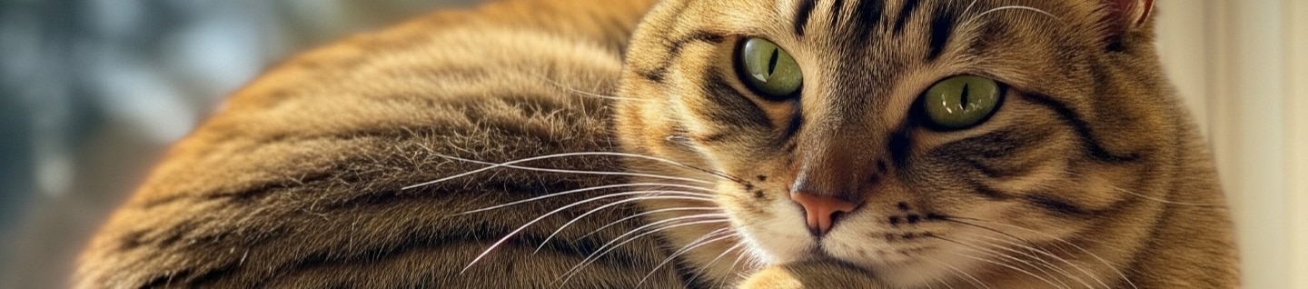 Gato atigrado acurrucado en el alféizar de una ventana bajo la luz del sol con un fondo boscoso desenfocado.