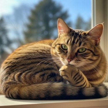 Gato atigrado acurrucado en el alféizar de una ventana bajo la luz del sol con un fondo boscoso desenfocado.