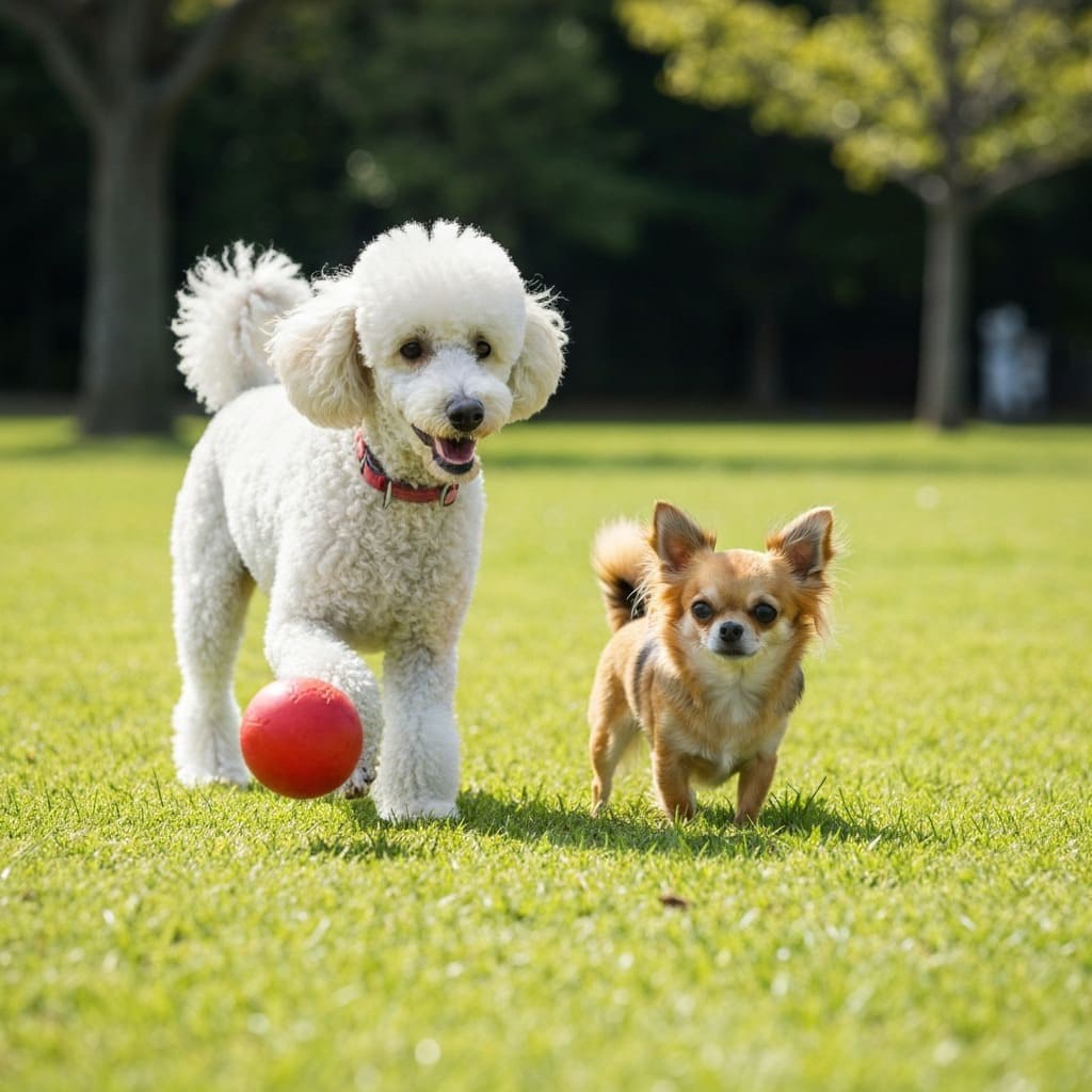 Perro Poodle y un Chihuahua jugando con una pelota
