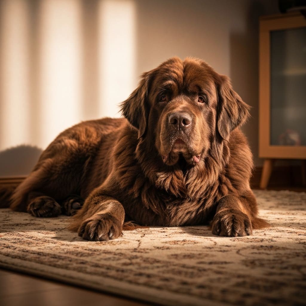 Perro Terranova acostado en un tapete
