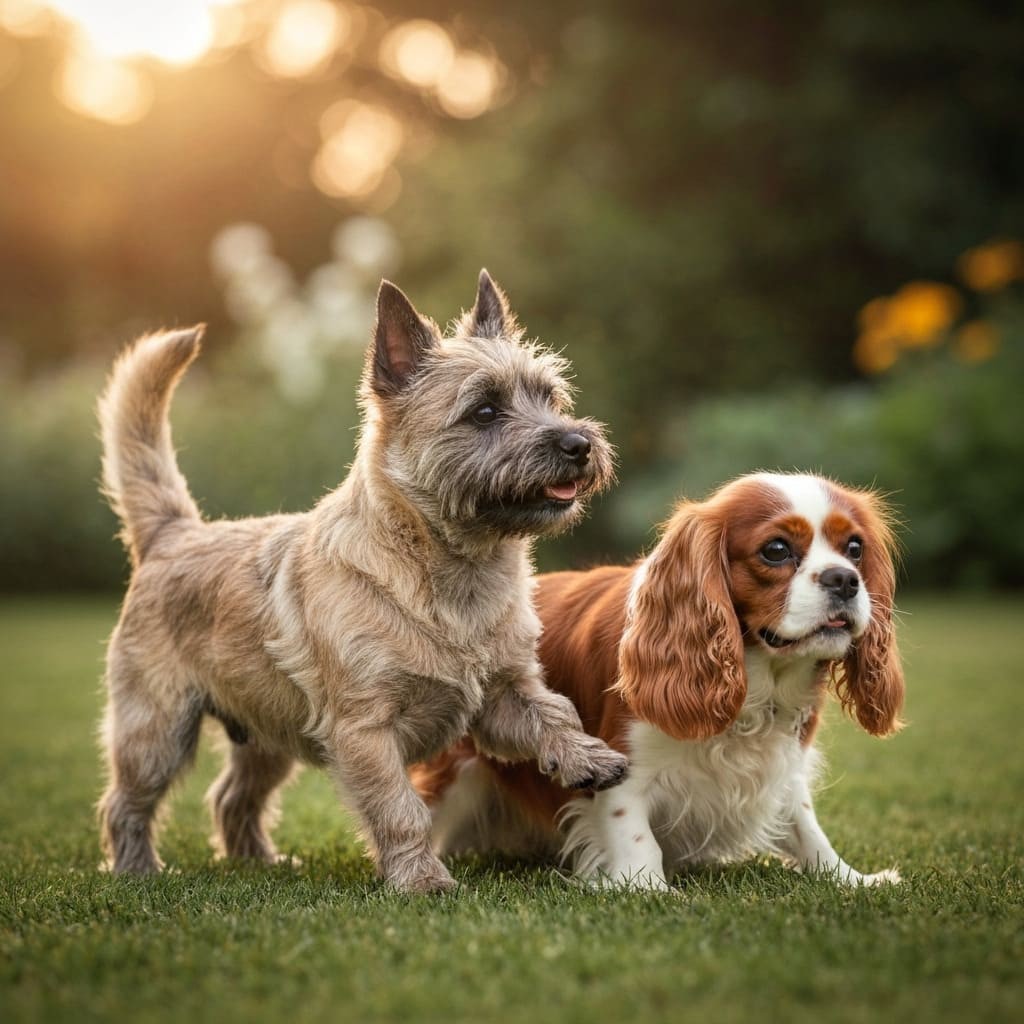 Un Cairn Terrier y un Cavalier King