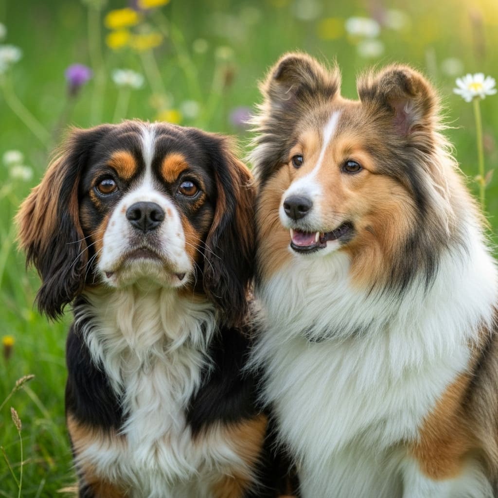 Un Charles Spaniel y un Pastor de Shetland