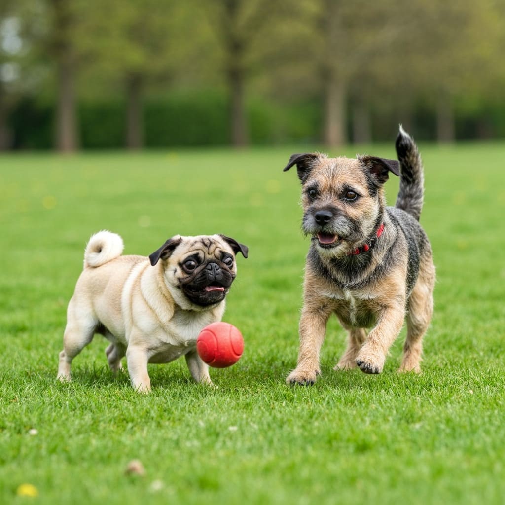 Un Pug y un Border Terrier jugando con una pelota roja
