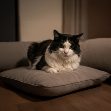 Gato blanco y negro acostado sobre un cojín