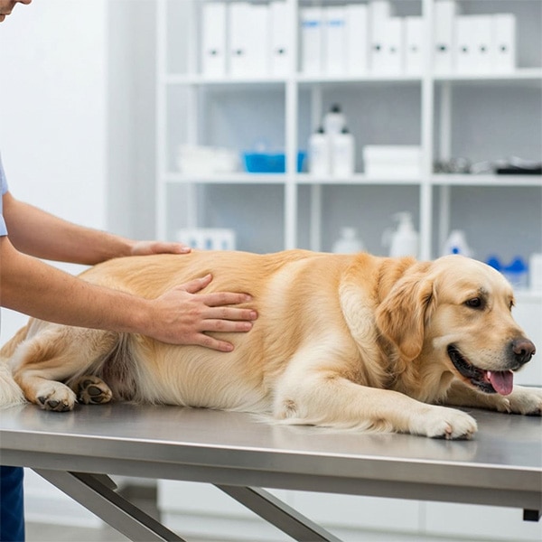 Veterinario diagnosticando hígado graso en un perro