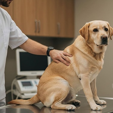 Un veterinario examinando a un perro labrador sobre una mesa de consulta en una clínica.