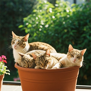 Cuatro gatos en una maceta.