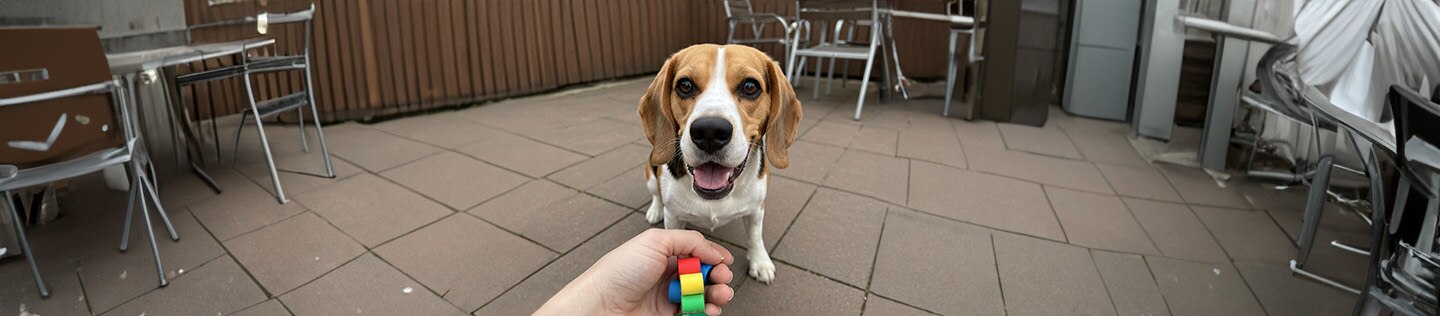 Perro Beagle mirando un juguete de colores.