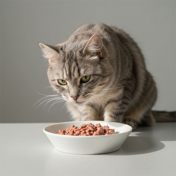 Un gato comiendo comida húmeda