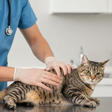 Un veterinario examinando a un gato atigrado sobre una mesa de consulta en una clínica.