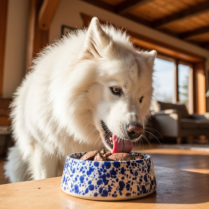 Perro comiendo Higado de un tazón