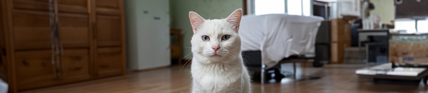 Primer plano de un gato blanco con ojos azules.