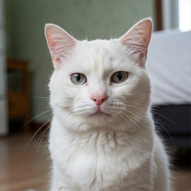 Primer plano de un gato blanco con ojos azules.
