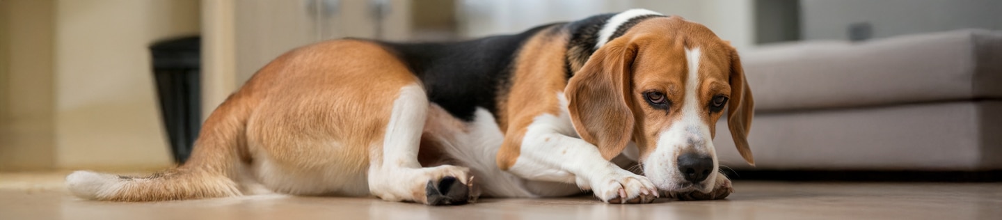 Un beagle hechado en la sala de la casa