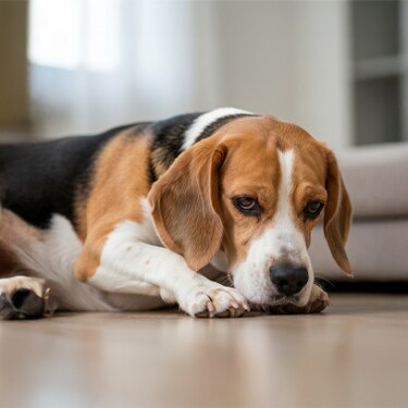 Un beagle hechado en la sala de la casa