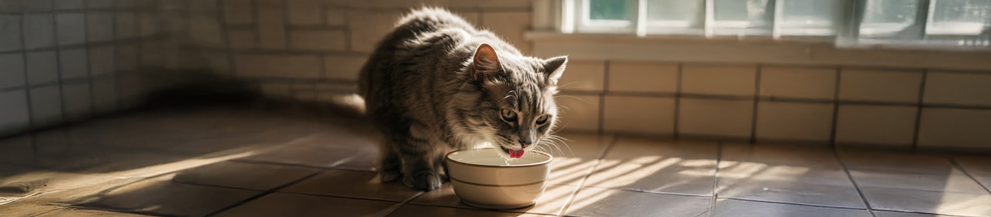 Gato bebiendo agua de una taza
