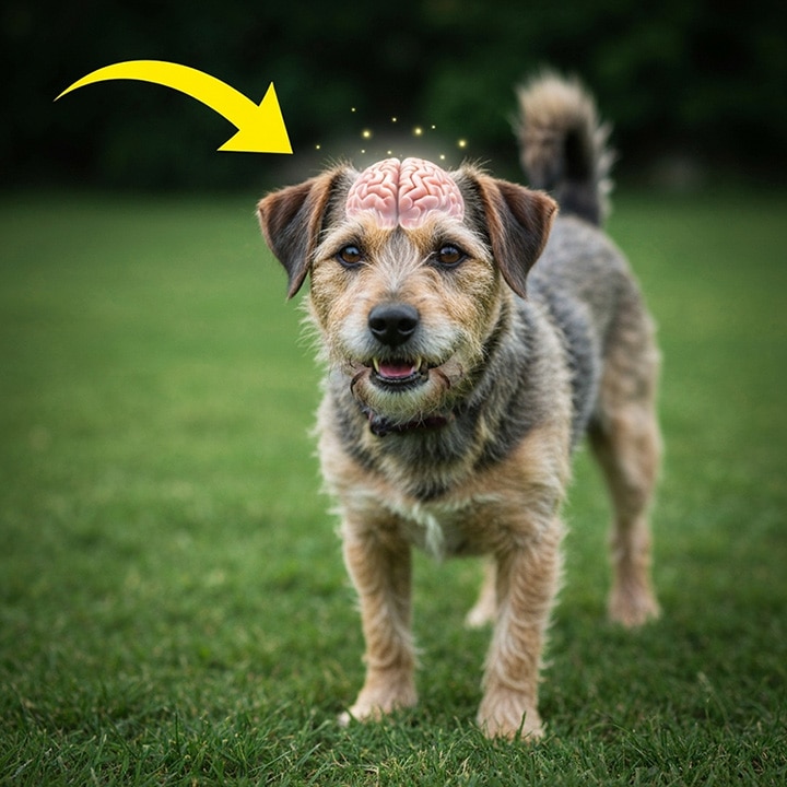Perro caminando en un jardin y la imagen muestra su ceerebro