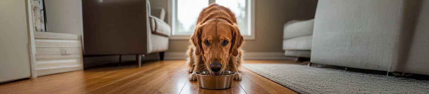 Golden retriever comiendo alimento Hill’s de su plato dentro de casa