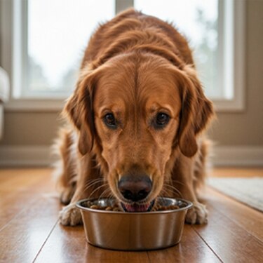 Golden retriever comiendo alimento Hill’s de su plato dentro de casa