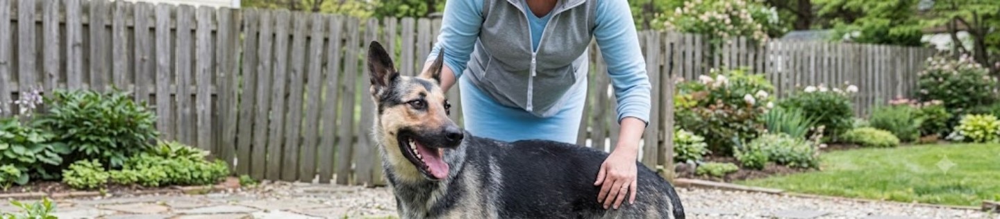 Mujer acariciando a su perro pastor alemán en un jardín trasero panorámico con valla de madera