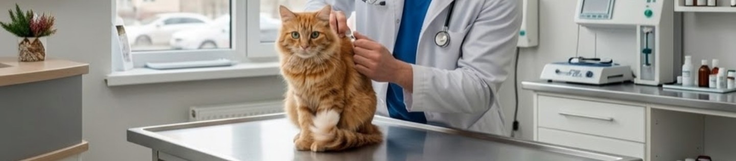 Un veterinario administrando una inyección a un gato de pelo largo naranja en una clínica