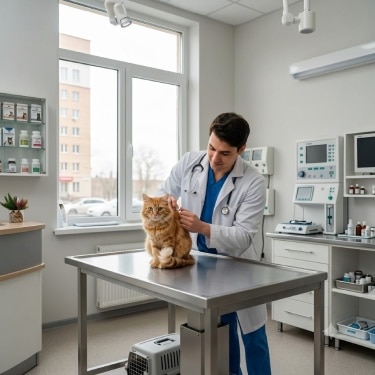 Un veterinario administrando una inyección a un gato de pelo largo naranja en una clínica