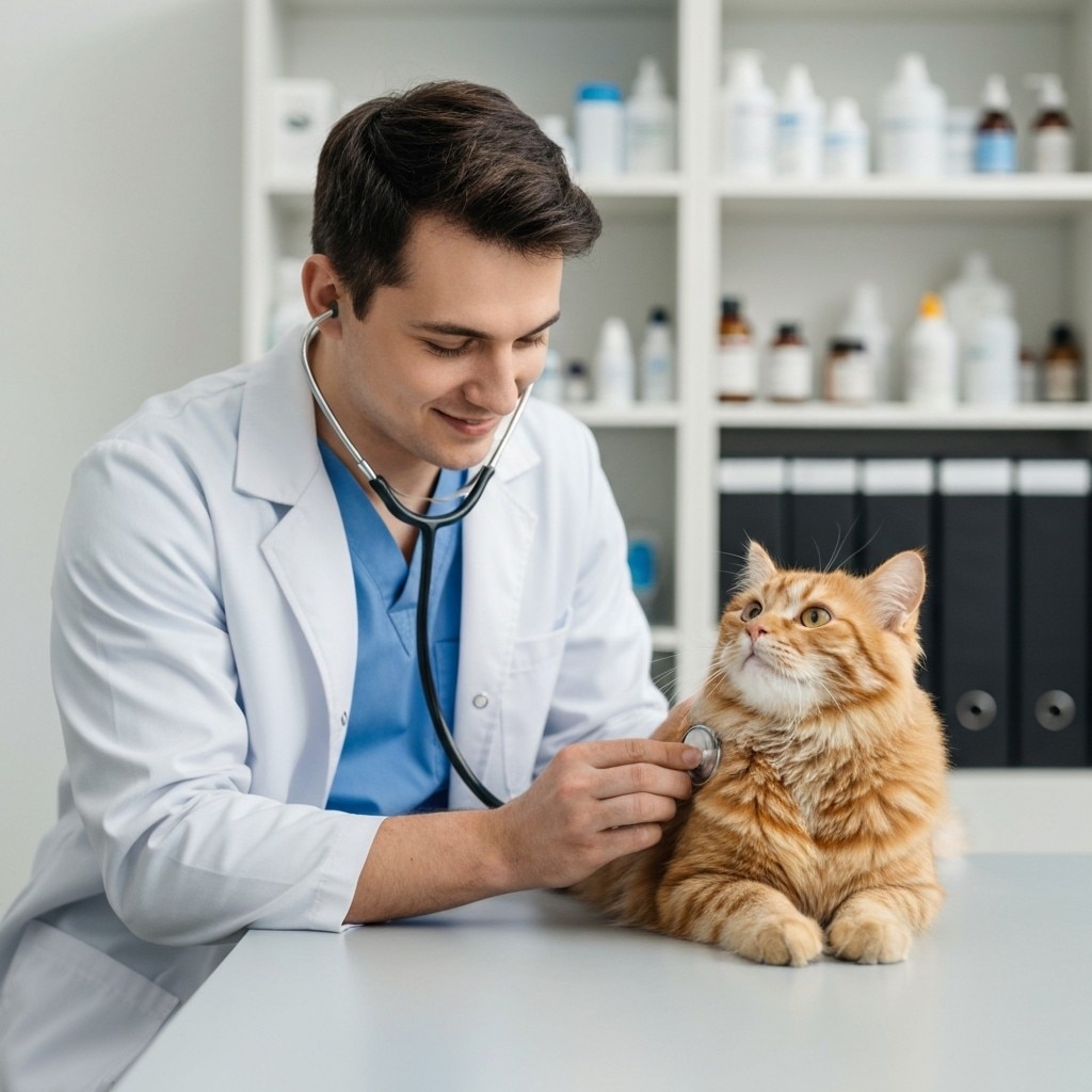 Un veterinario sonriente con bata blanca usa un estetoscopio para escuchar el corazon de un gato atigrado naranja peludo sentado en una mesa de examen.