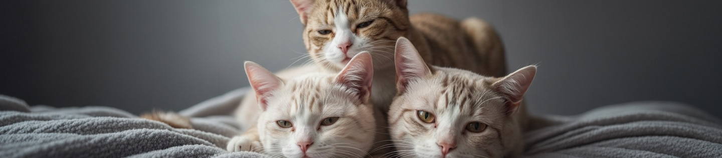 Tres gatos sobre una manta mirando de frente