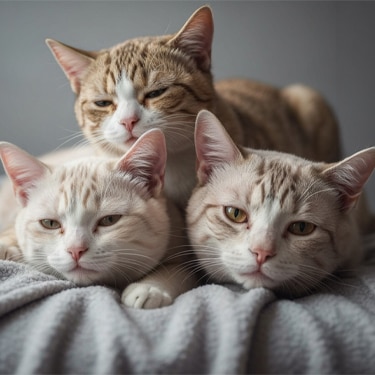 Tres gatos sobre una manta mirando de frente
