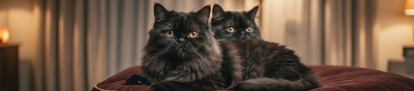 Dos gatos negros peludos descansando juntos sobre un cojin de terciopelo rojo oscuro, con el gato en primer plano mirando directamente a la camara.