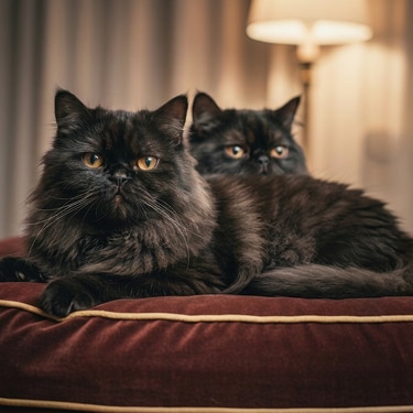 Dos gatos negros peludos descansando juntos sobre un cojin de terciopelo rojo oscuro, con el gato en primer plano mirando directamente a la camara.